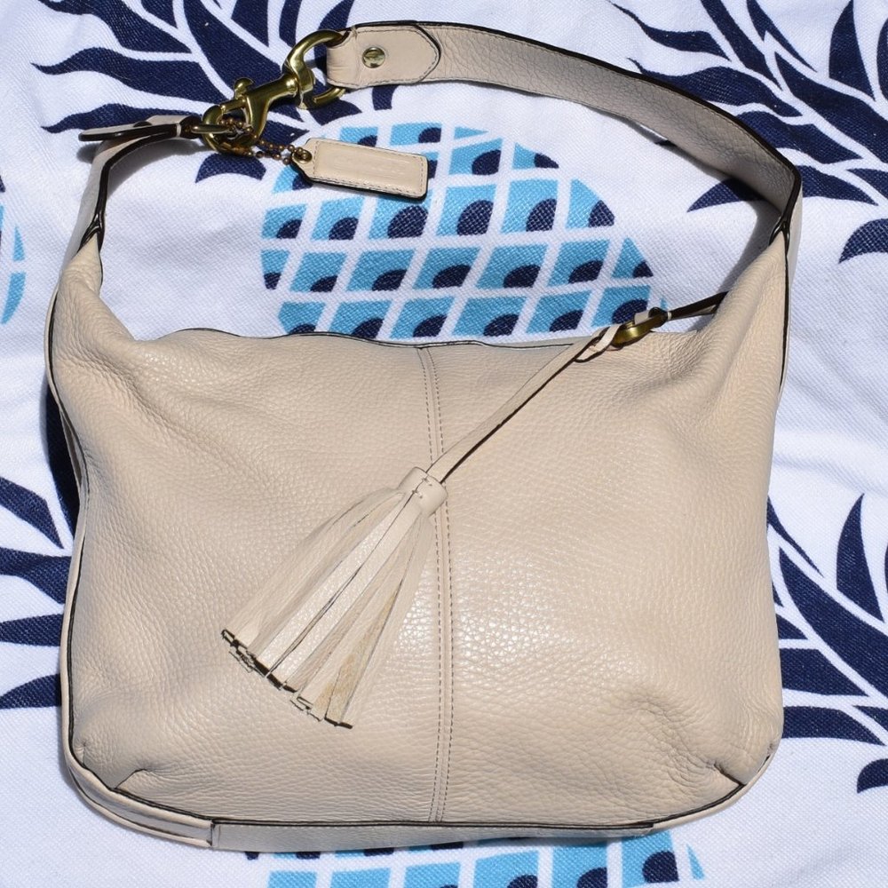 Coach Avery Leather Hobo Bag Off White with Tassel